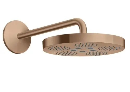 Kopfbrause in Brushed Red Gold mit einem langen, drehbaren Brausearm. Die Brause hat ein modernes Design und gehört zur AXOR Produktlinie.